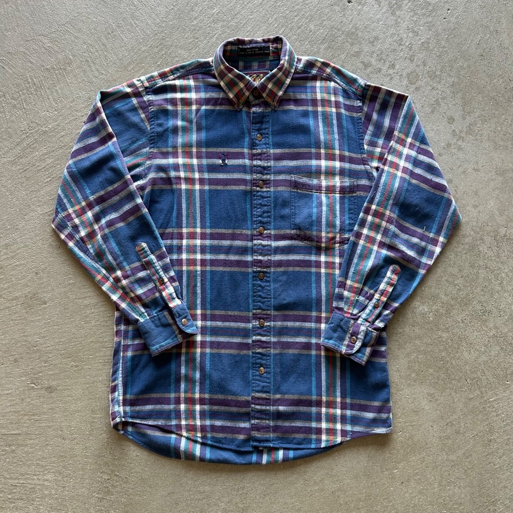 Vintage 90s Chaps Ralph Lauren Flannel Shirt Size Medium Blue Button Down Plaid